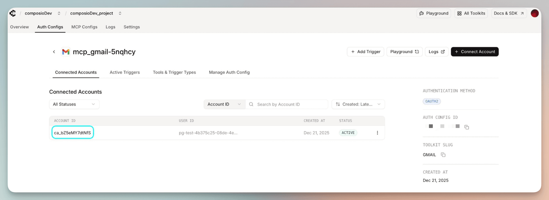 Example connected account ID used for MCP authentication